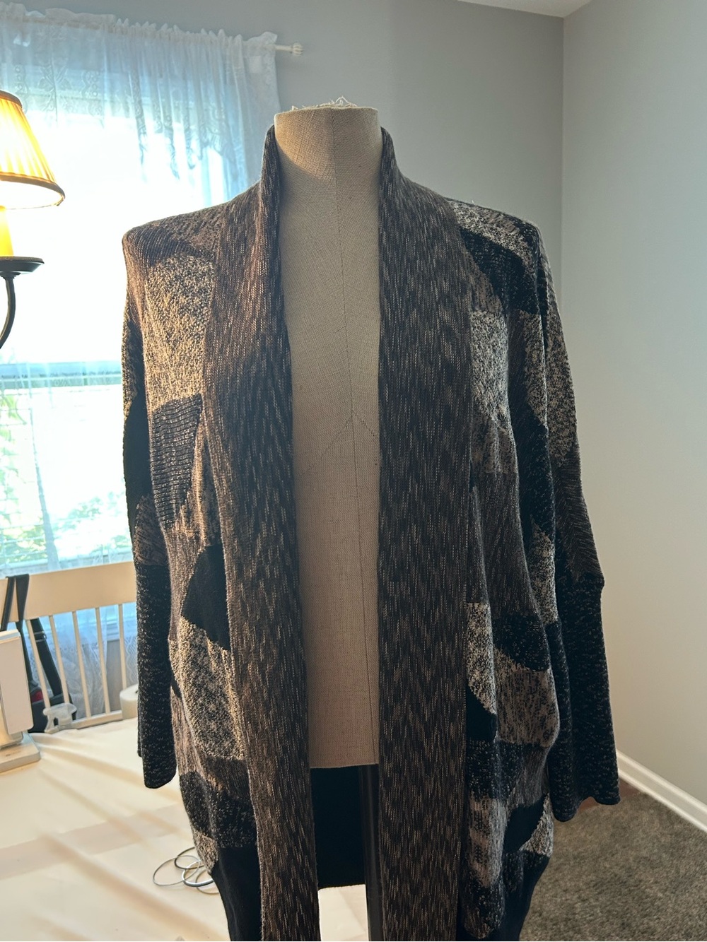 Nic + ZoeOpen-Front Geometric Knit Cardigan - Brown/black/gray/white patchwork
